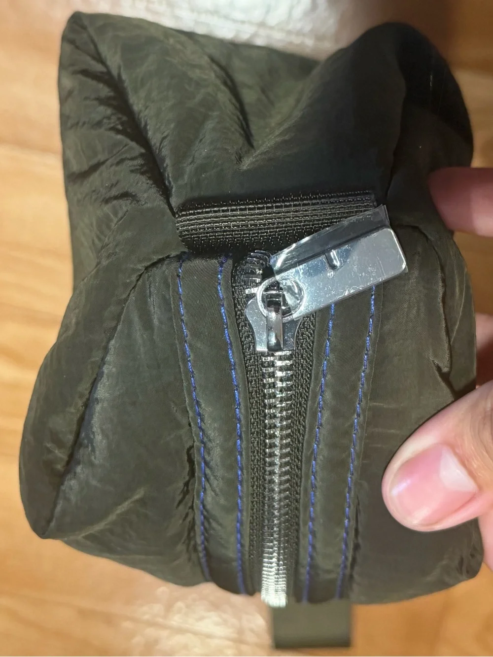 Burberry Olive Green Cosmetic Wristlet with Blue Logo Accent